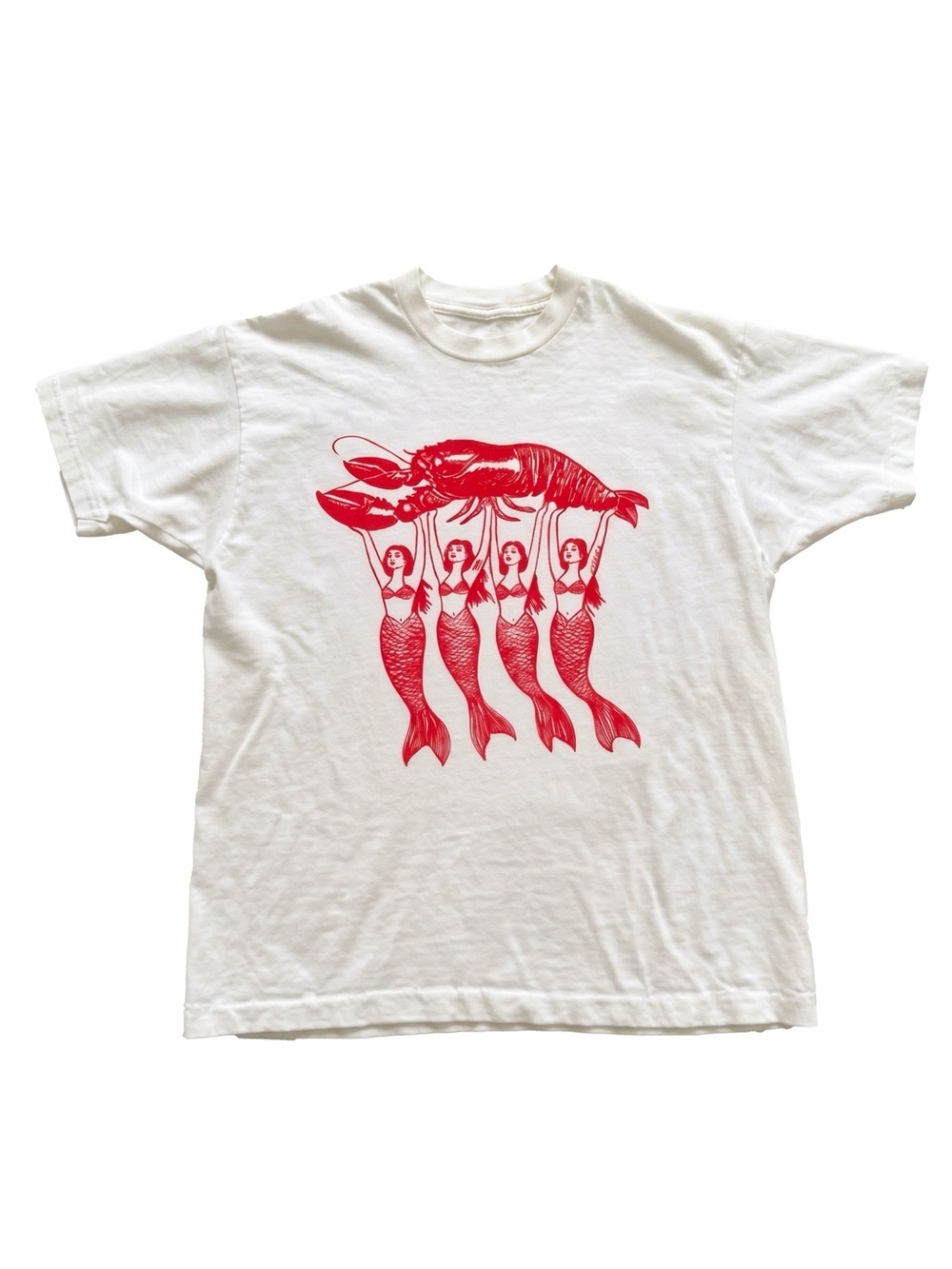 Mermaids Holding Giant Lobster Red Graphic White T-Shirt